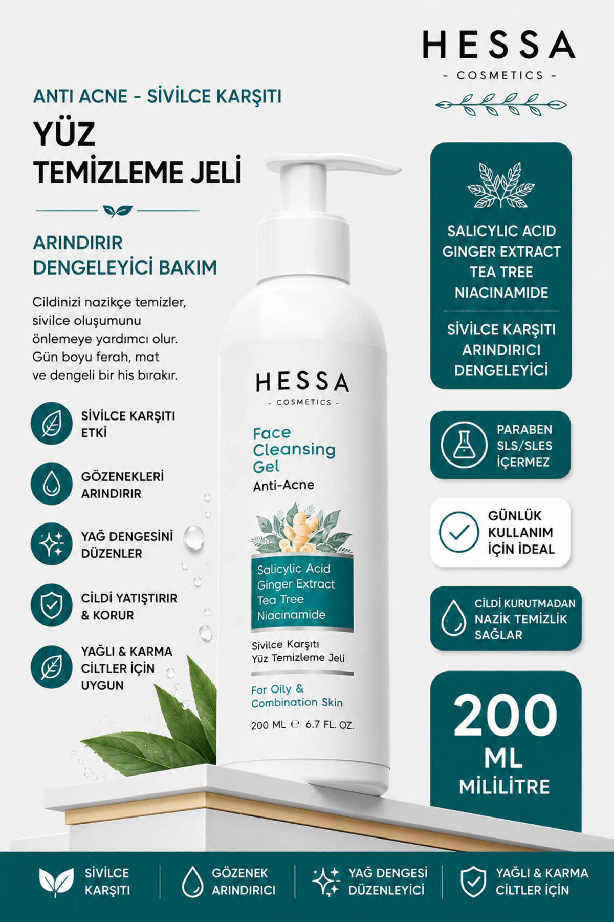 HESSA COSMETİCS Yüz Temizleme Jeli 200ML-Arındırıcı ve Cilt Dengeleyici — Anti-Akne Yüz Temizleme Jeli