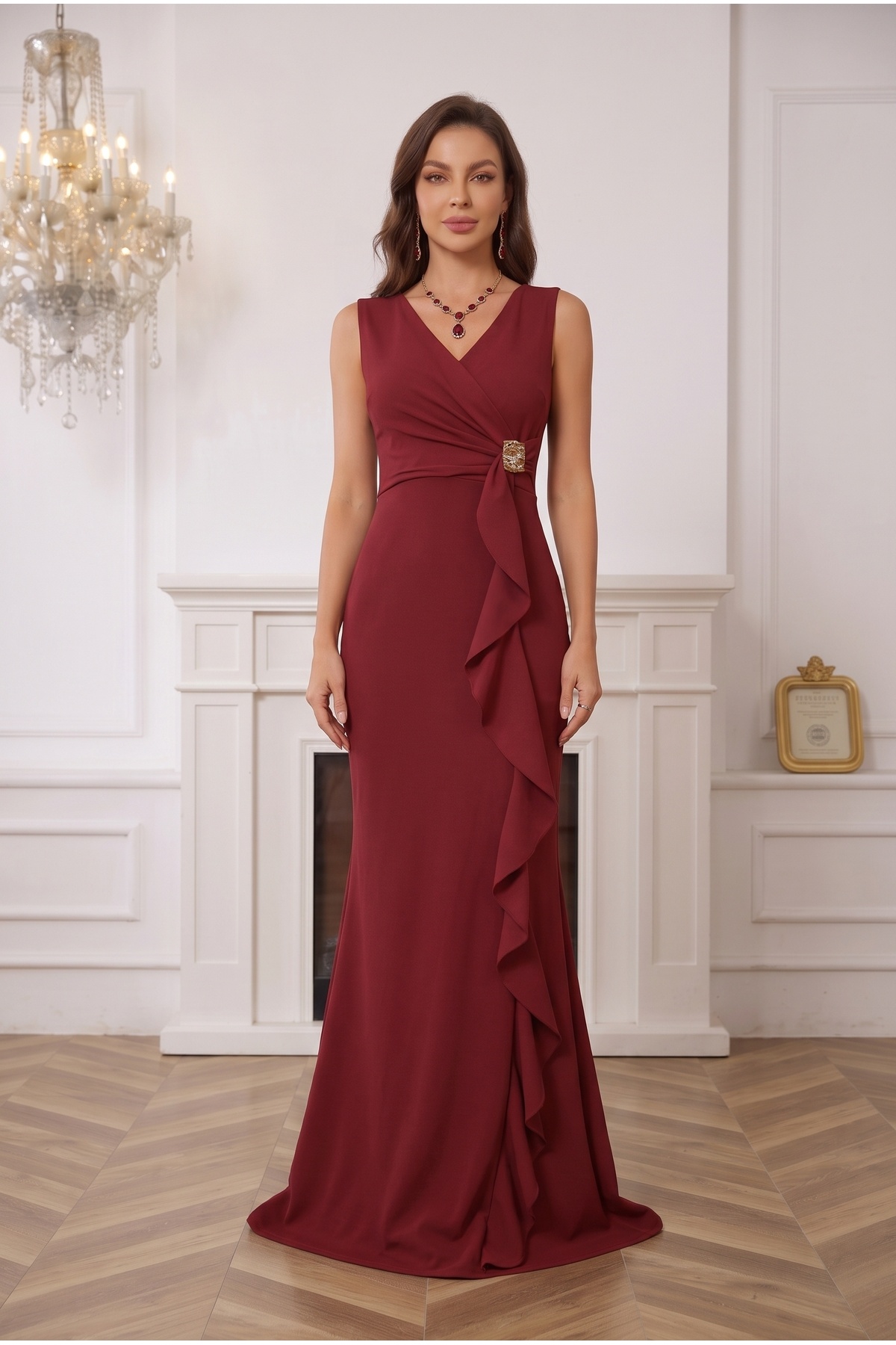 ALFUDO Moda Collection Kadın Kruvaze Yaka Önü Volanlı Gold Taşlı Bordo Kadın Abiye Mezuniyet Elbise görsel 2