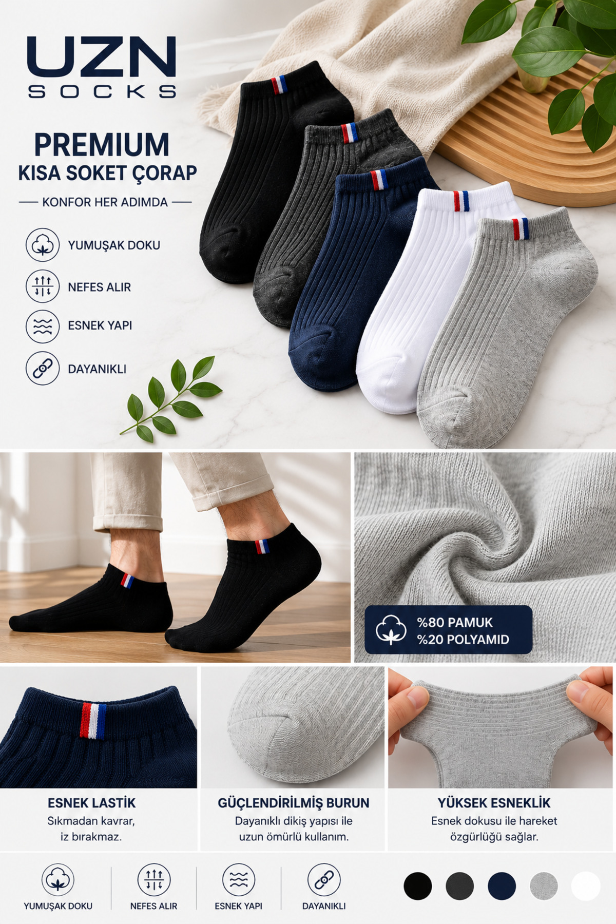 UZN SOCKS • Men's Ribbed Ankle Socks – Pack of 5 (Black/Navy Blue/Anthracite/White/Grey)