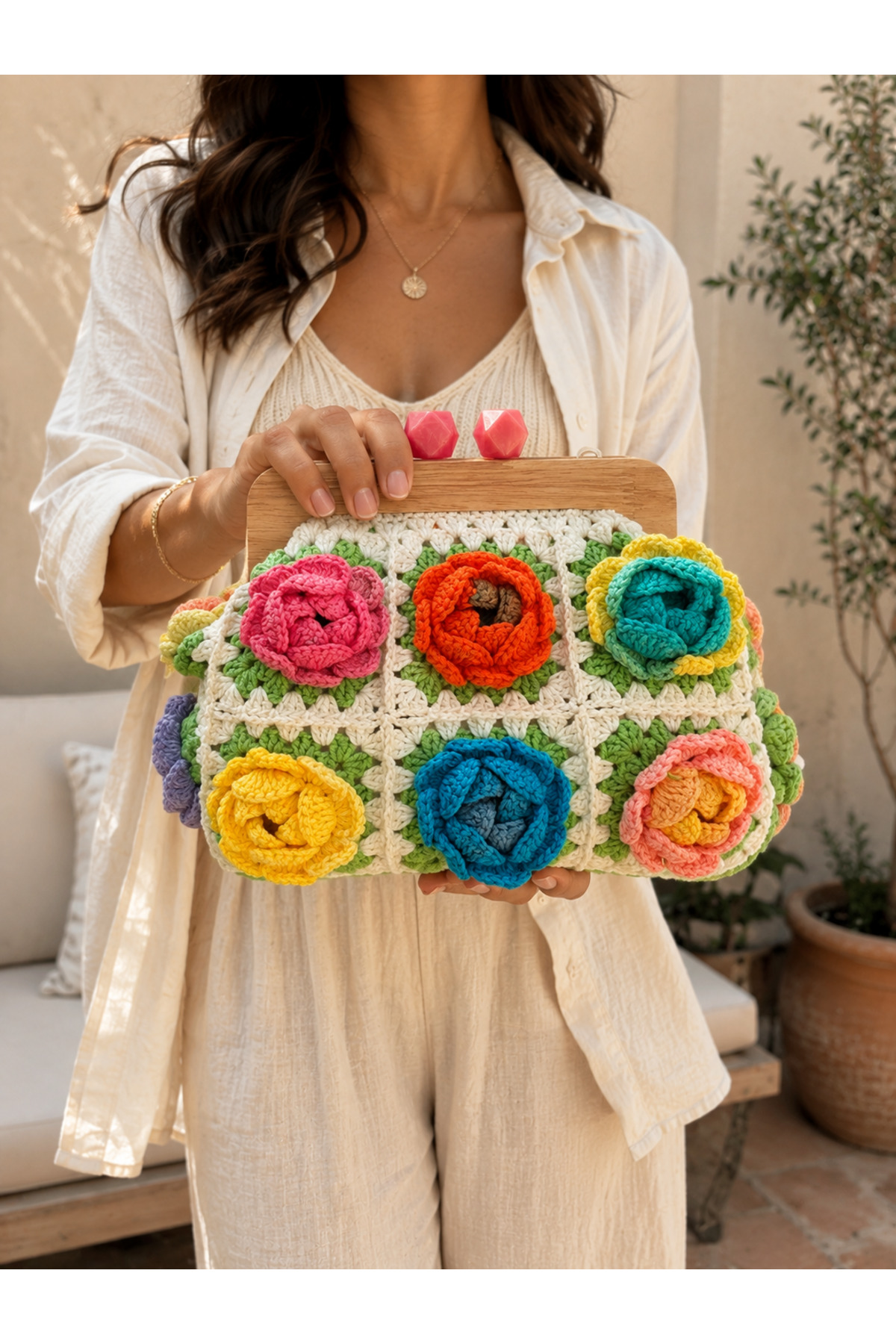 Satürn Hobi Örgü Ahşap Burslu Gül Motifli Clutch Çanta görsel 2