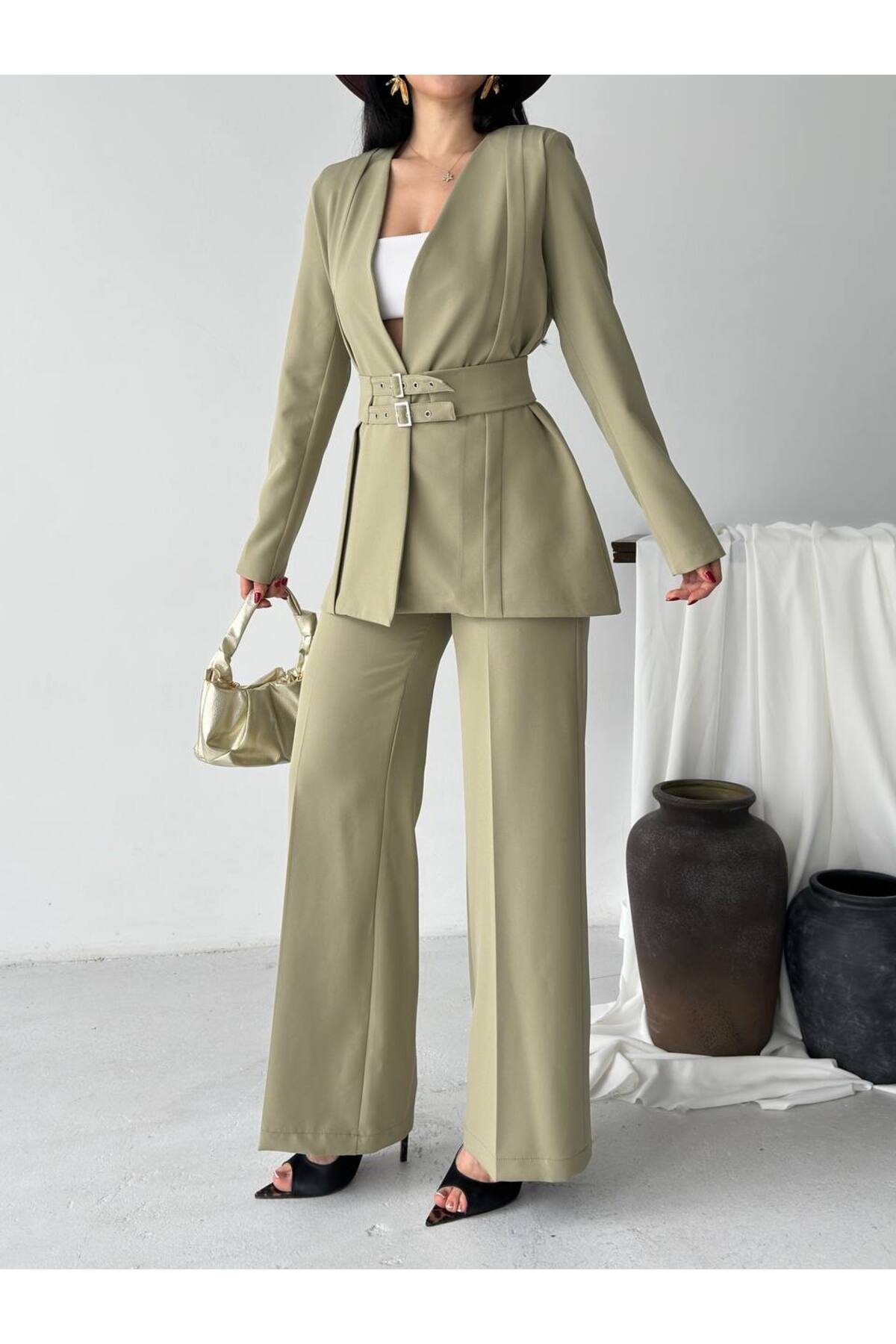 Ensemble deux pièces blazer et pantalon ceinturé Premium Fit - Görsel 4