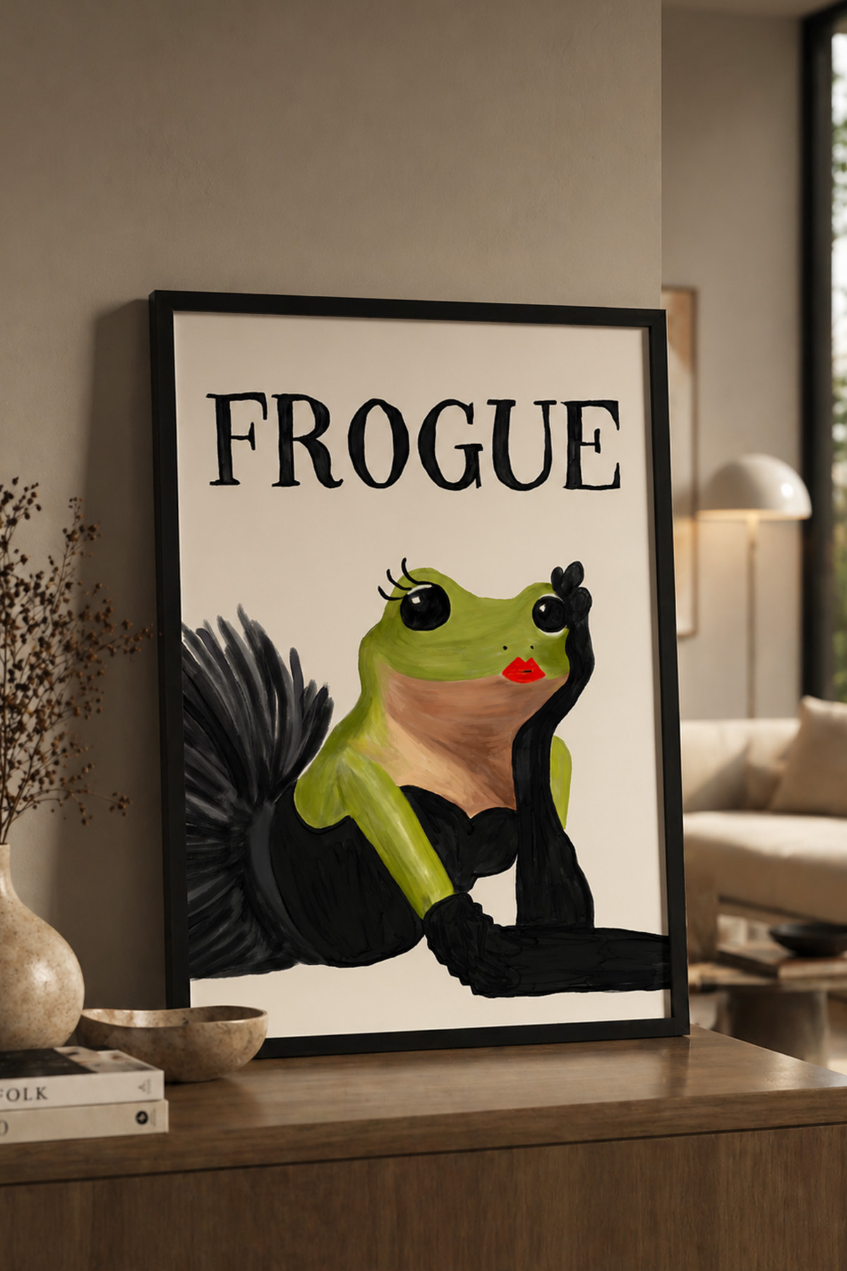 Kurbağa Tablo Poster Kadın Figürlü Komik Modern Sanat Duvar Dekoru Çerçevesiz