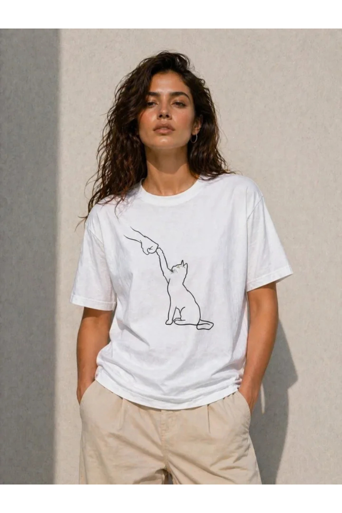Minimal Kedi Çizim Baskılı Tişört Kısa Kol Yazlık T-Shirt - Beyaz