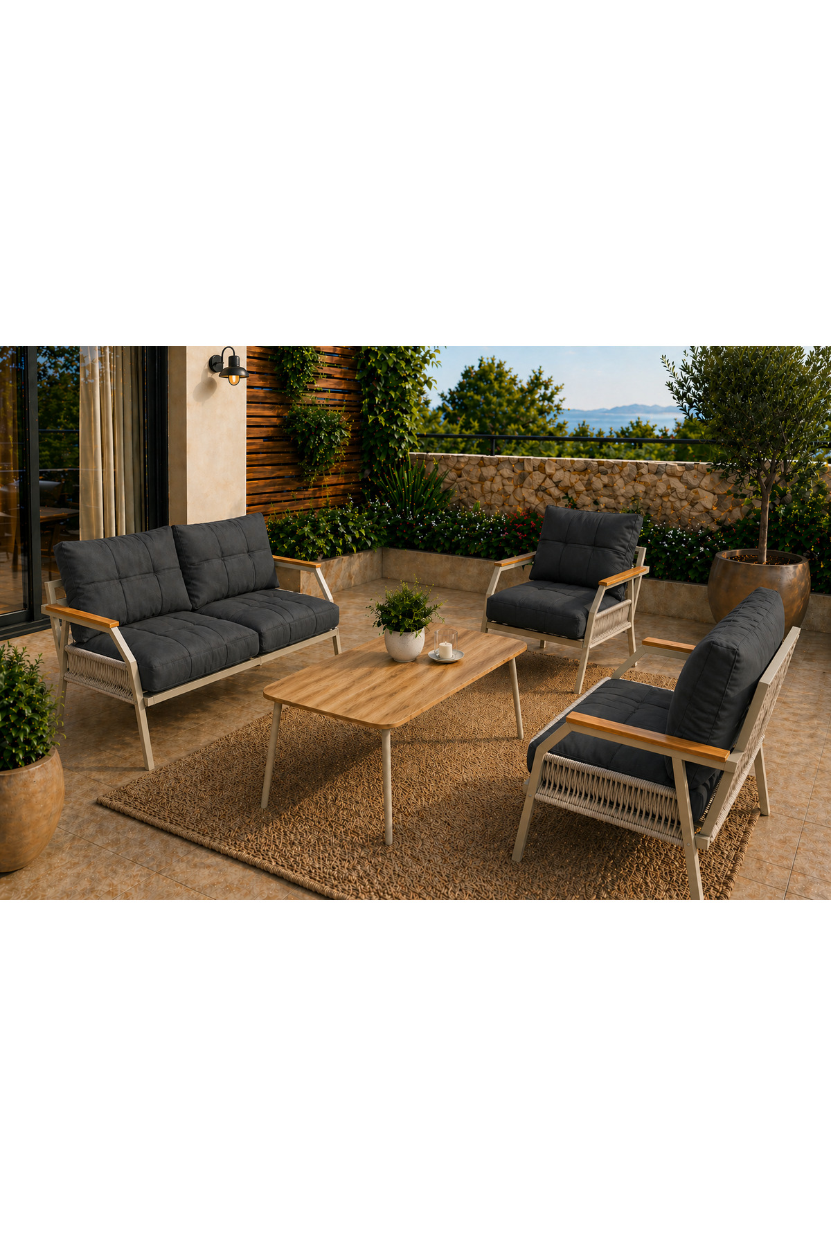 UFUK HOME Daisy Kırpık 211 Masalı Bej Metal Bahçe Oturma Grubu