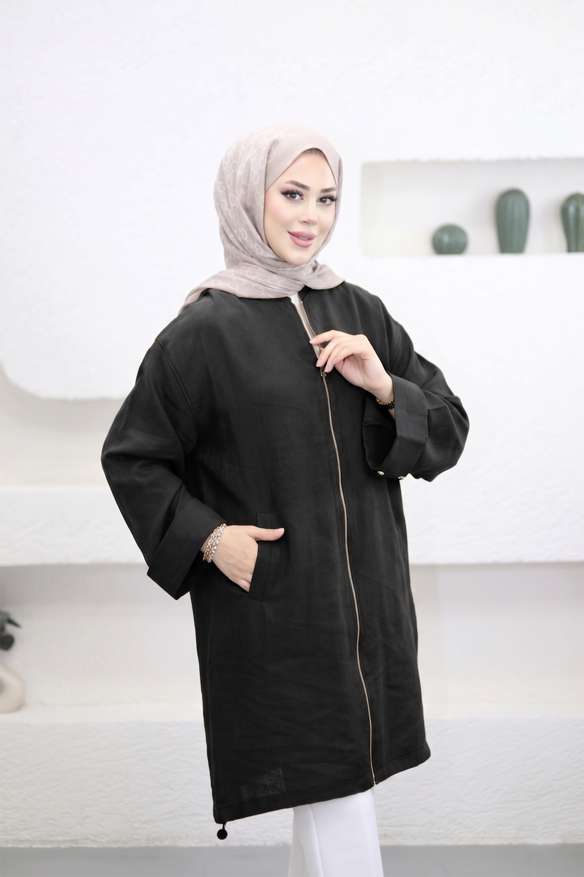 Suede Style 6346 - Rahat Fermuarlı Cepli Kol Düğme Detaylı Uzun Tunik