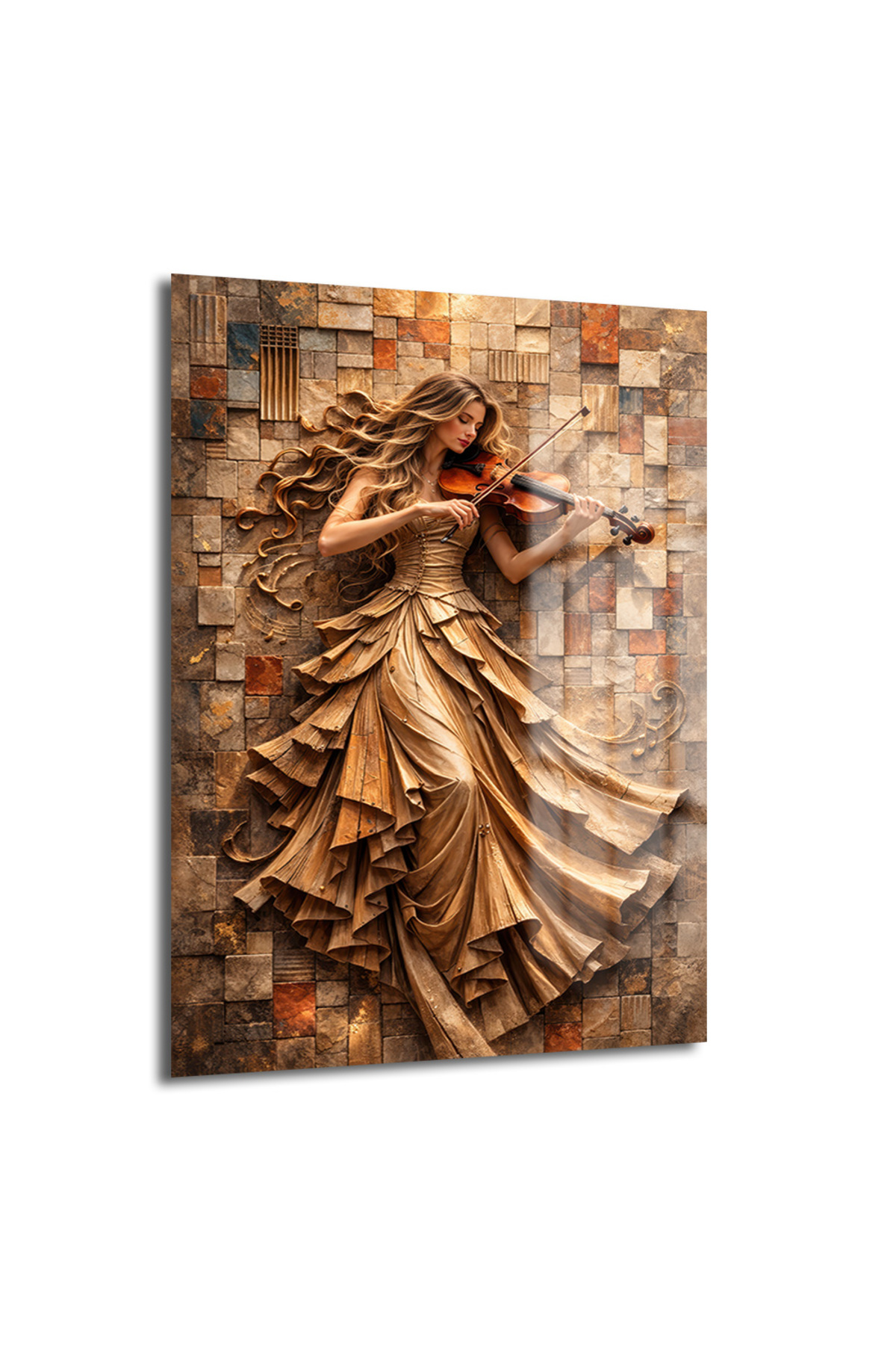 Golden Melody: Woman Playing Violin Art Glass Painting