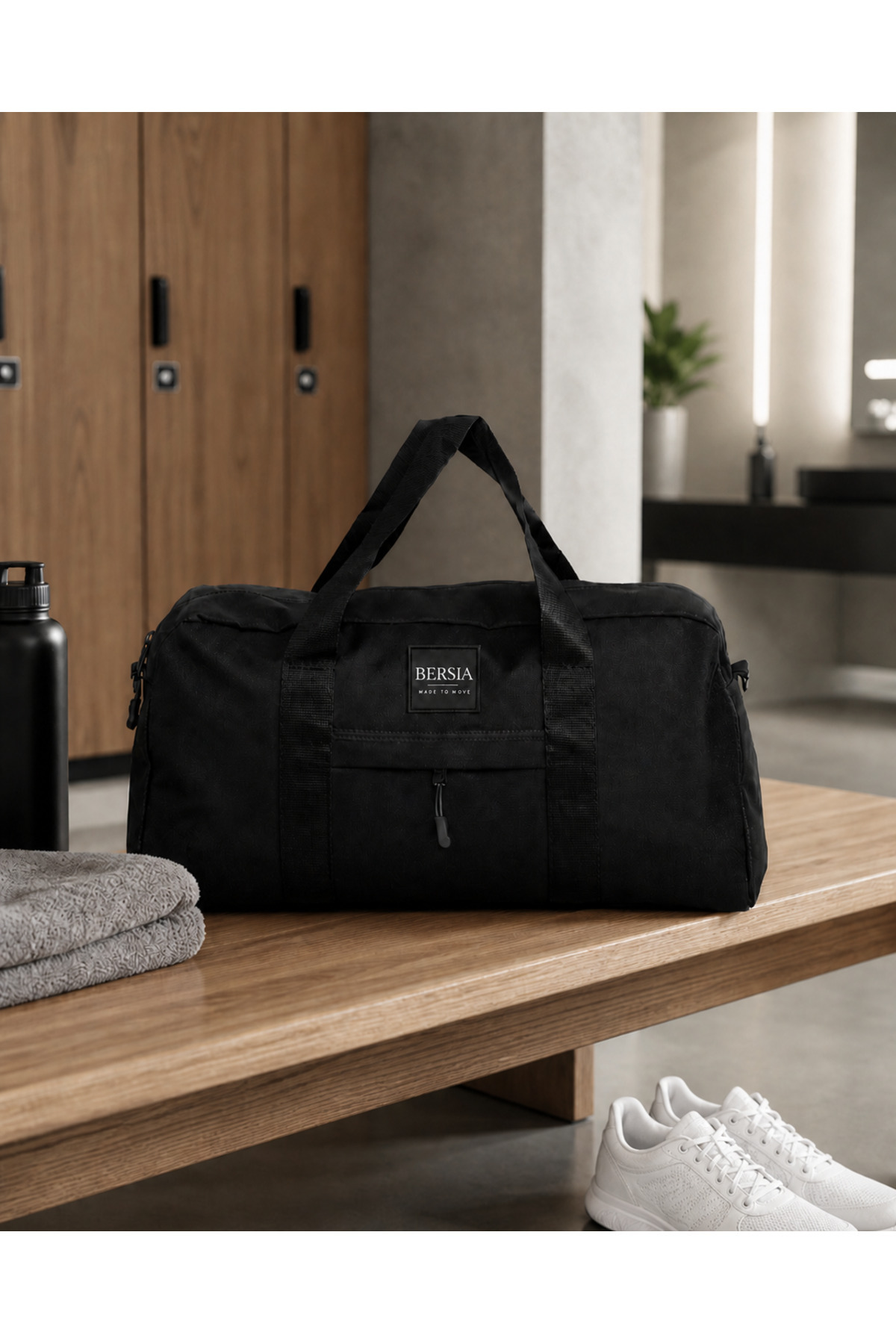 Bersia Siyah Spor Çantası Ayarlanabilir Omuz Askılı Unisex Önü Cepli Fitness ve Seyahat Çantası görsel 3