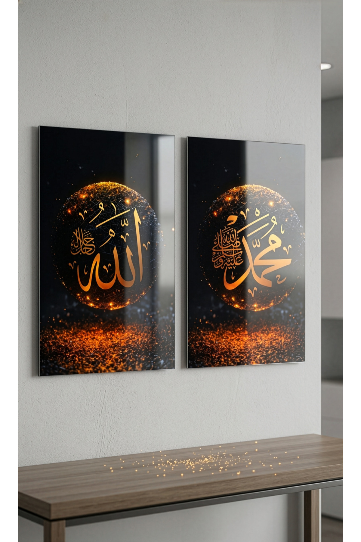 Işıltılı Allah ve Muhammed Lafzı - 2'li Premium Metal Tablo Seti görsel 5