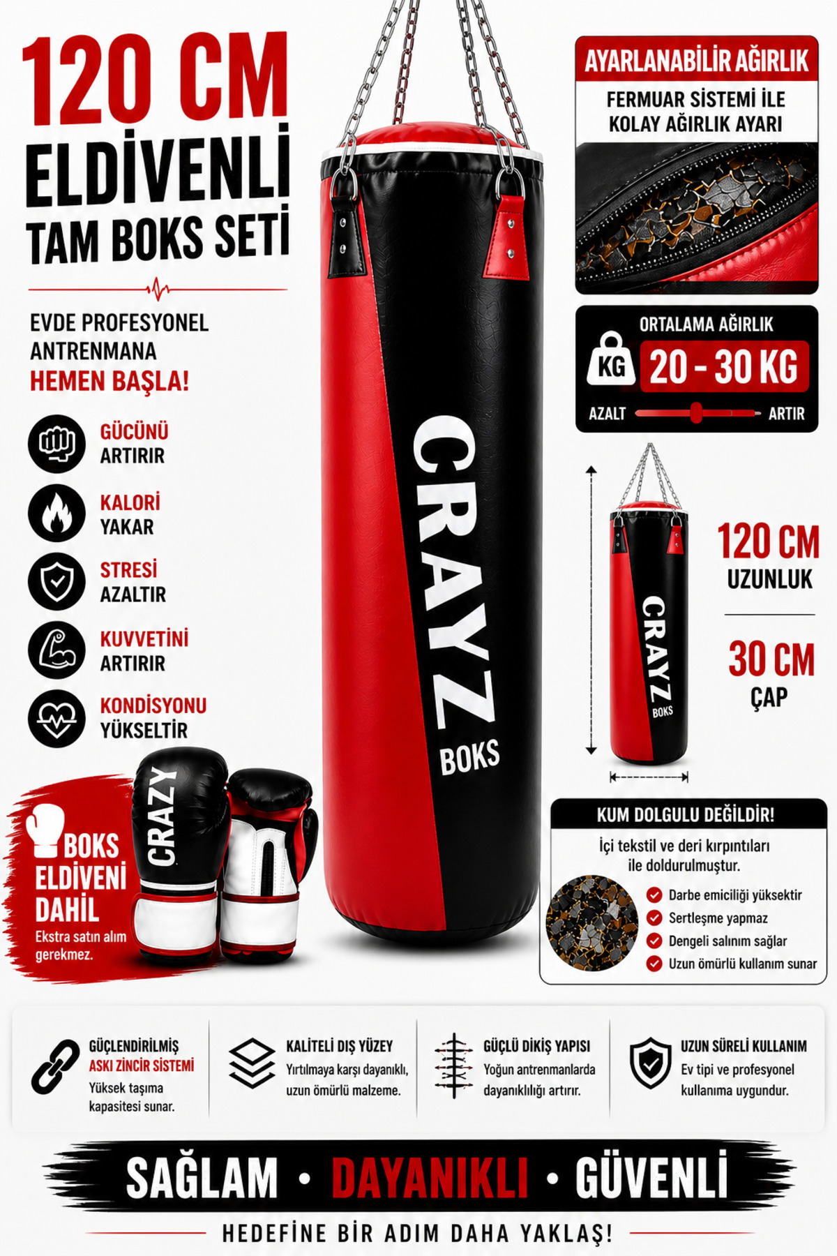 Crazy 120 CM Boks Torbası Seti Eldivenli | Ayarlanabilir
