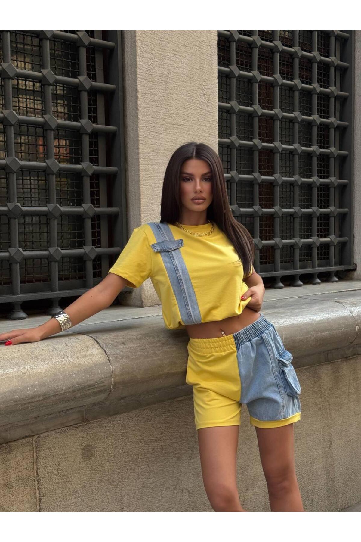 Women's Denim Detailed Shorts Bottom-Top Set