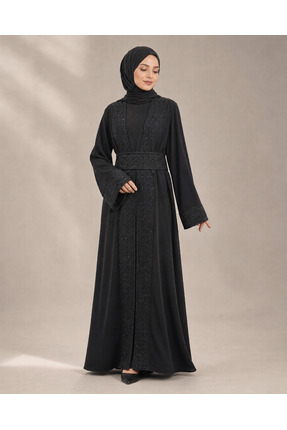 ZENYA Abaya Zahara Lacivert Siyah Nakış İşlemeli Kuşaklı İçlikli Tesettür Abaya