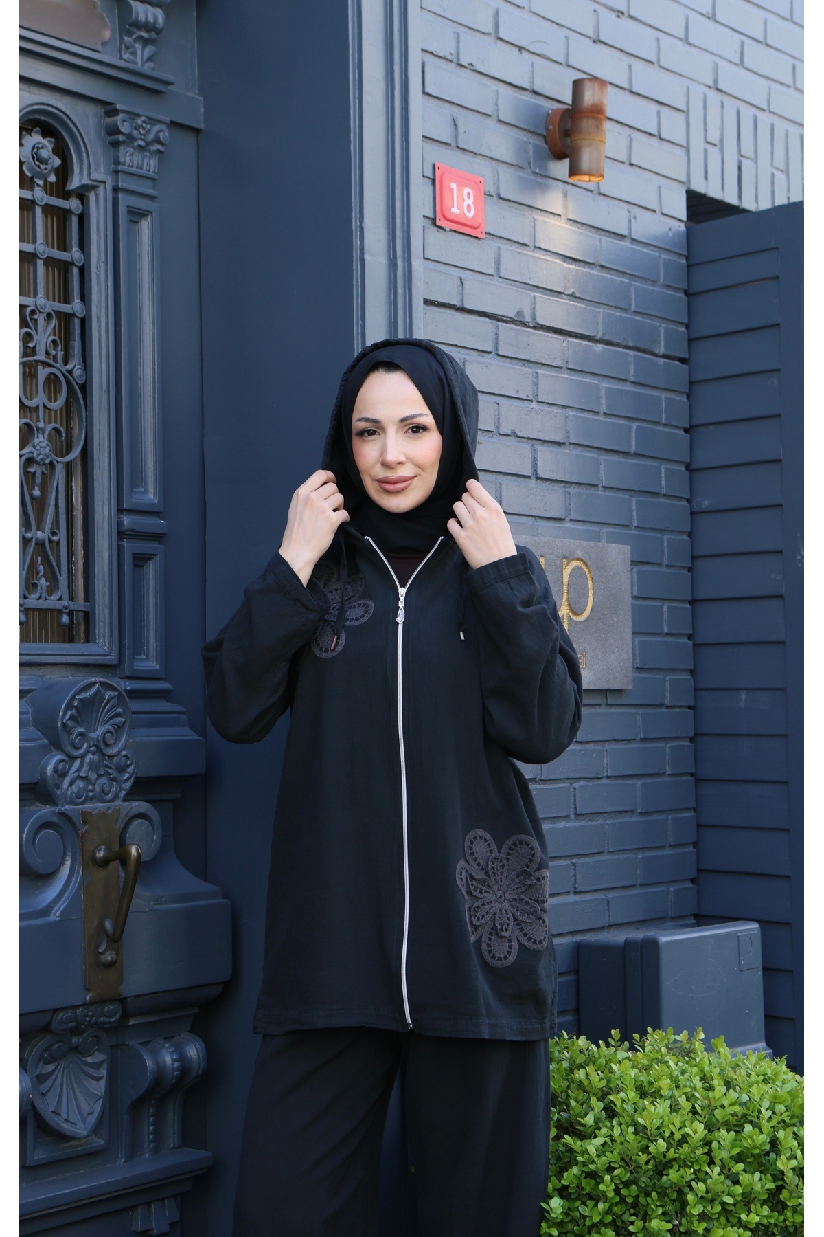 NİSUM MODA Çiçekli Fermuarlı Pamuk Keten Takım görsel 3