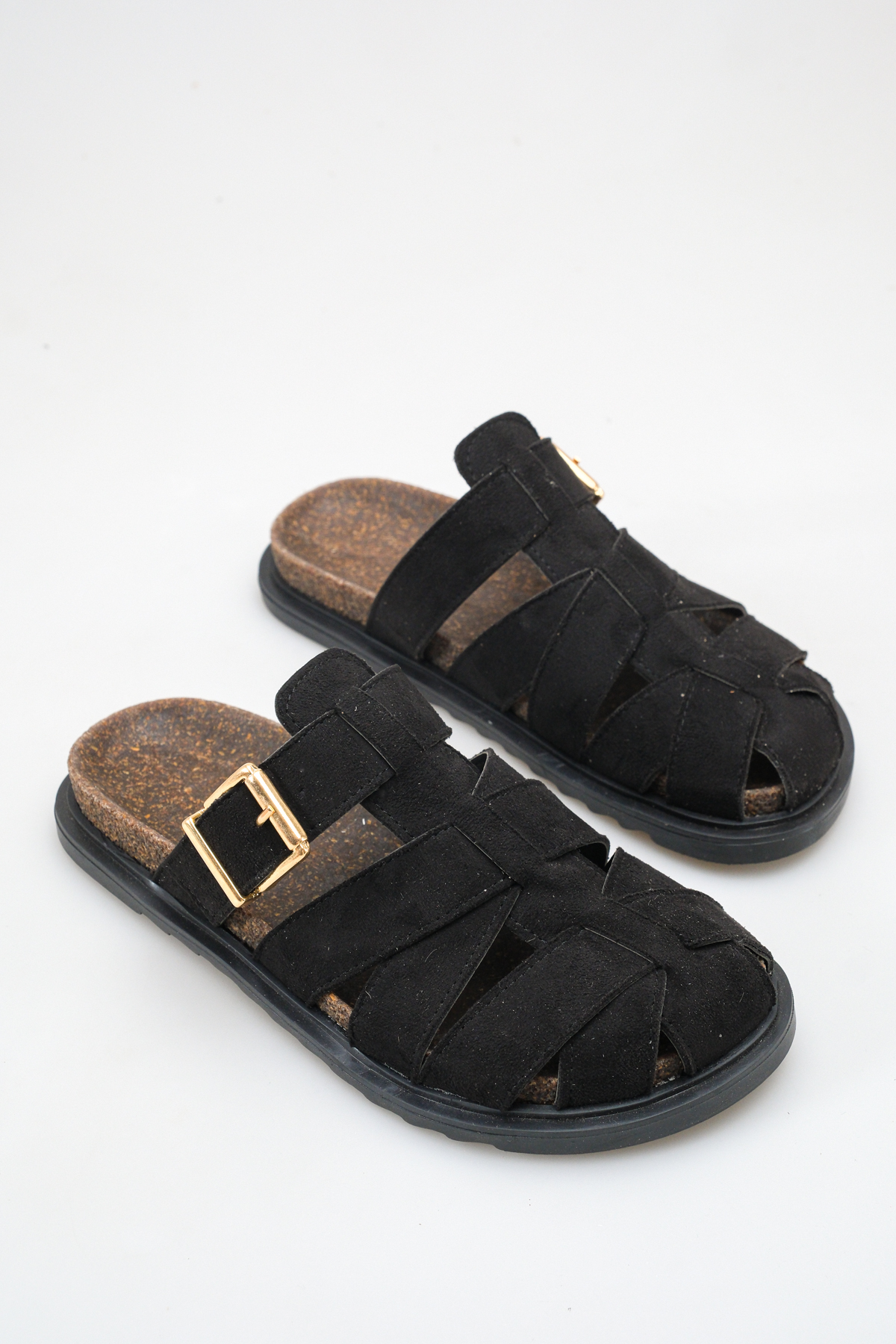 Women's Black Suede Buckle Detailed Sandals