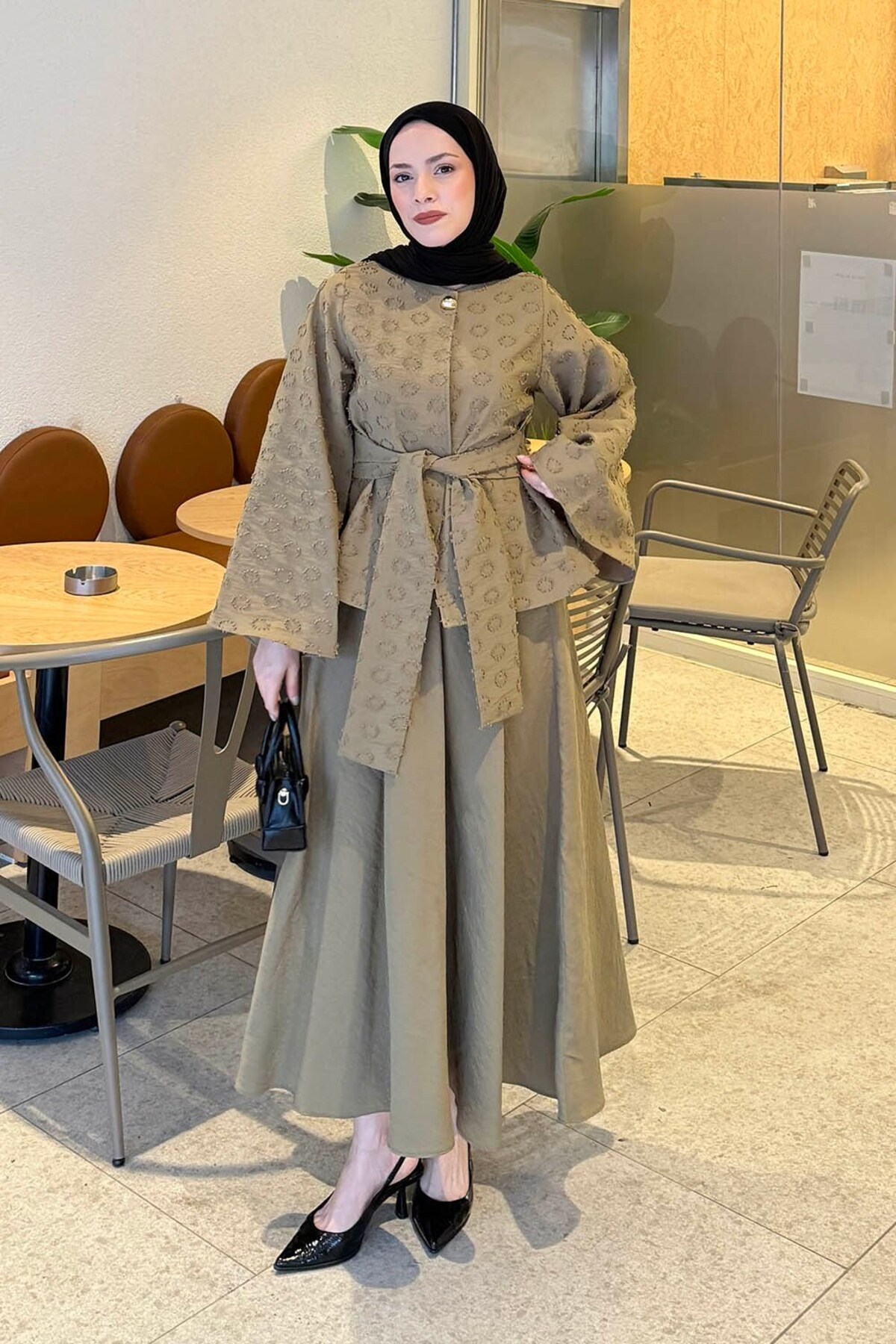 Lamelif Belt Detailed Blouse-Skirt Set in Oil Green