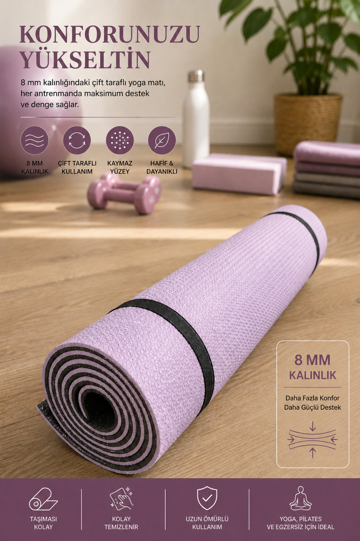 Yukon 8 mm Çift Taraflı Pilates Matı Yoga Matı Spor Minderi Yer Matı 170 CM x 55 CM