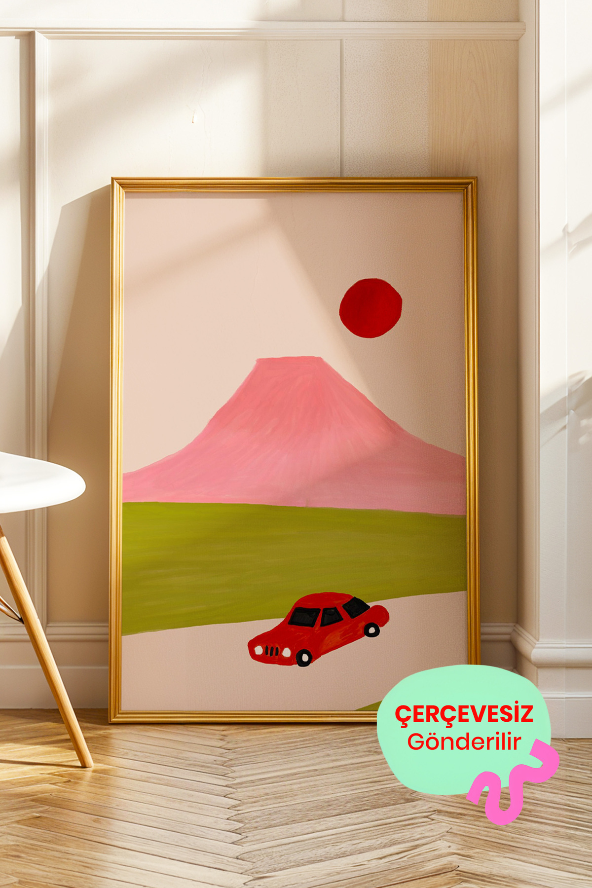 Minimal Dağ Yolu Tablo Poster Pembe Manzara Araba İllüstrasyon Çerçevesiz