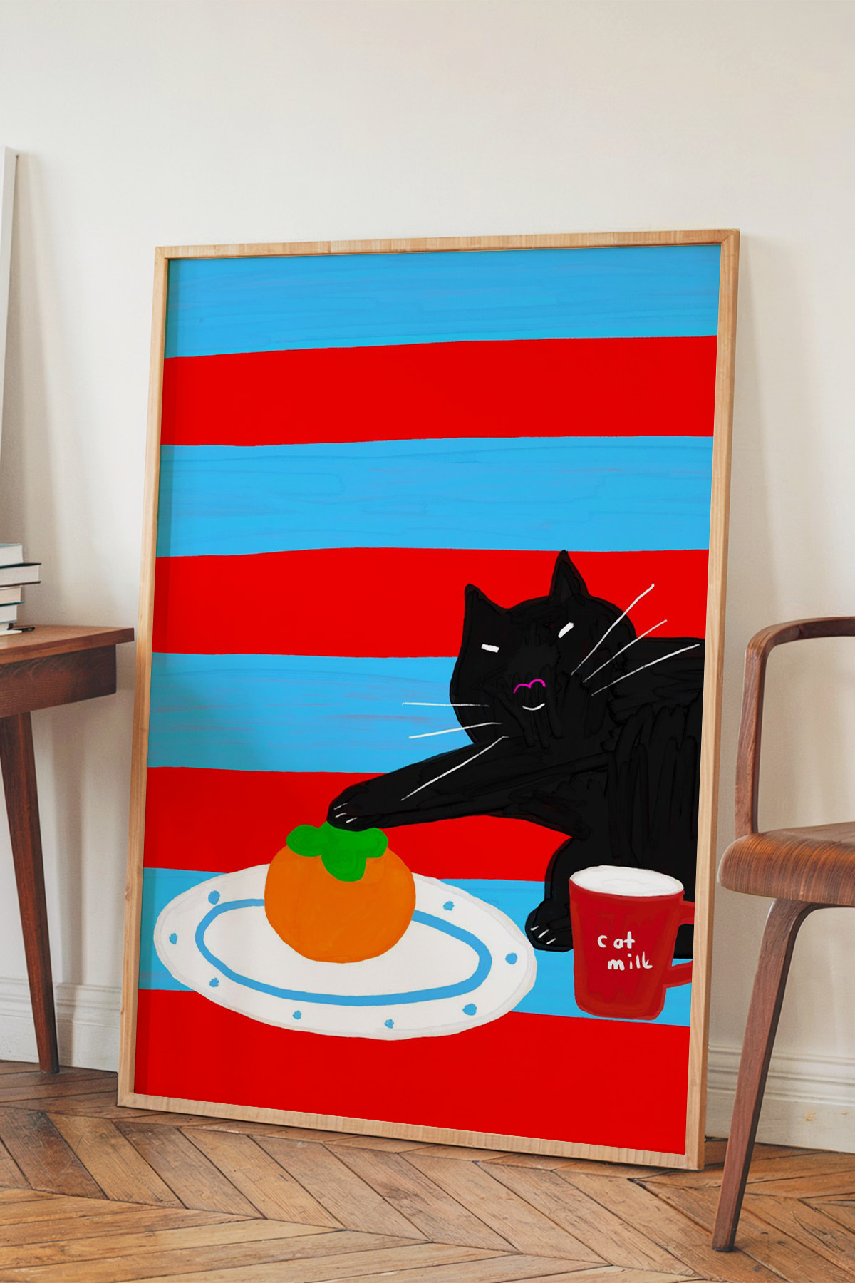 Siyah Kedi ve Portakal Tablo Poster Renkli Mizahi İllüstrasyon Çerçevesiz