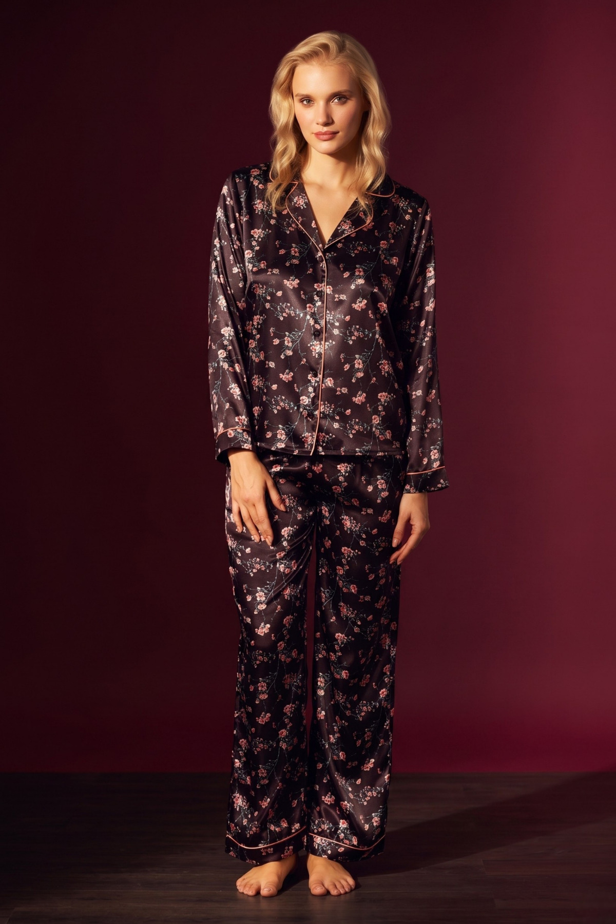 Kadın Saten Çiçek Desenli Pijama Takımı, Şık Ve Rahat 2’li Set