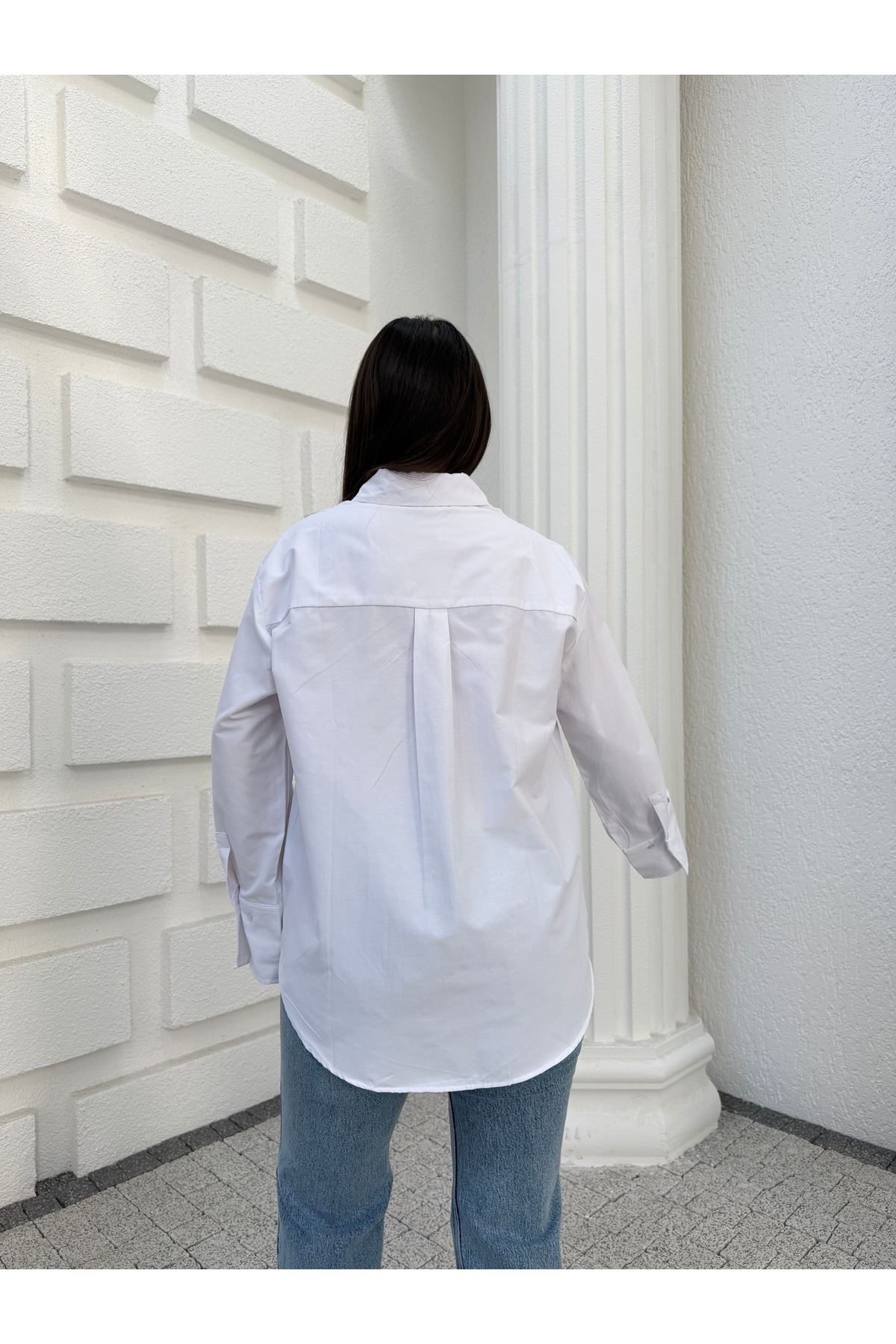 Myra Fashion Oversize Poplin Gömlek Tek Cepli Geniş Kesim Uzun Kol Bluz Kadın Trend Modern Stil Klasik Gömlek görsel 4