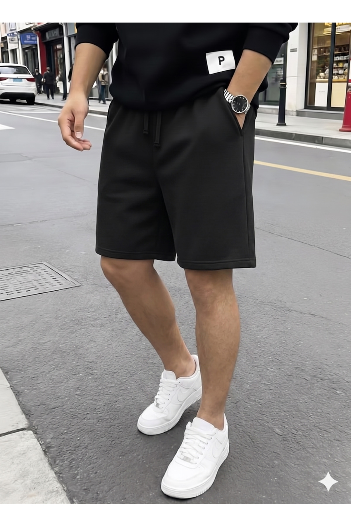 yx yustex sport 2'li Şort Erkek (Siyah-Gri) Basic Yazlık Şort Seti - Diz Üstü Rahat Kalıp 2'li Ekonomik Paket görsel 3