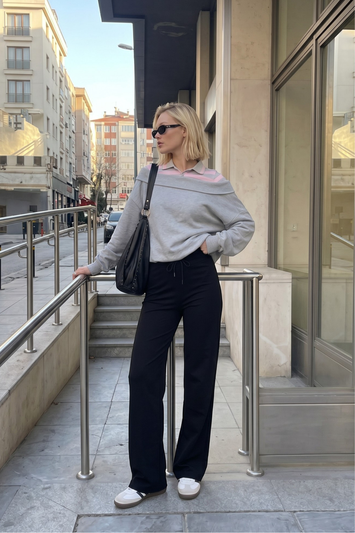 macharel jeans Kadın Ribana Lastikli Bol Paça Palazzo Siyah Eşofman Altı görsel 7