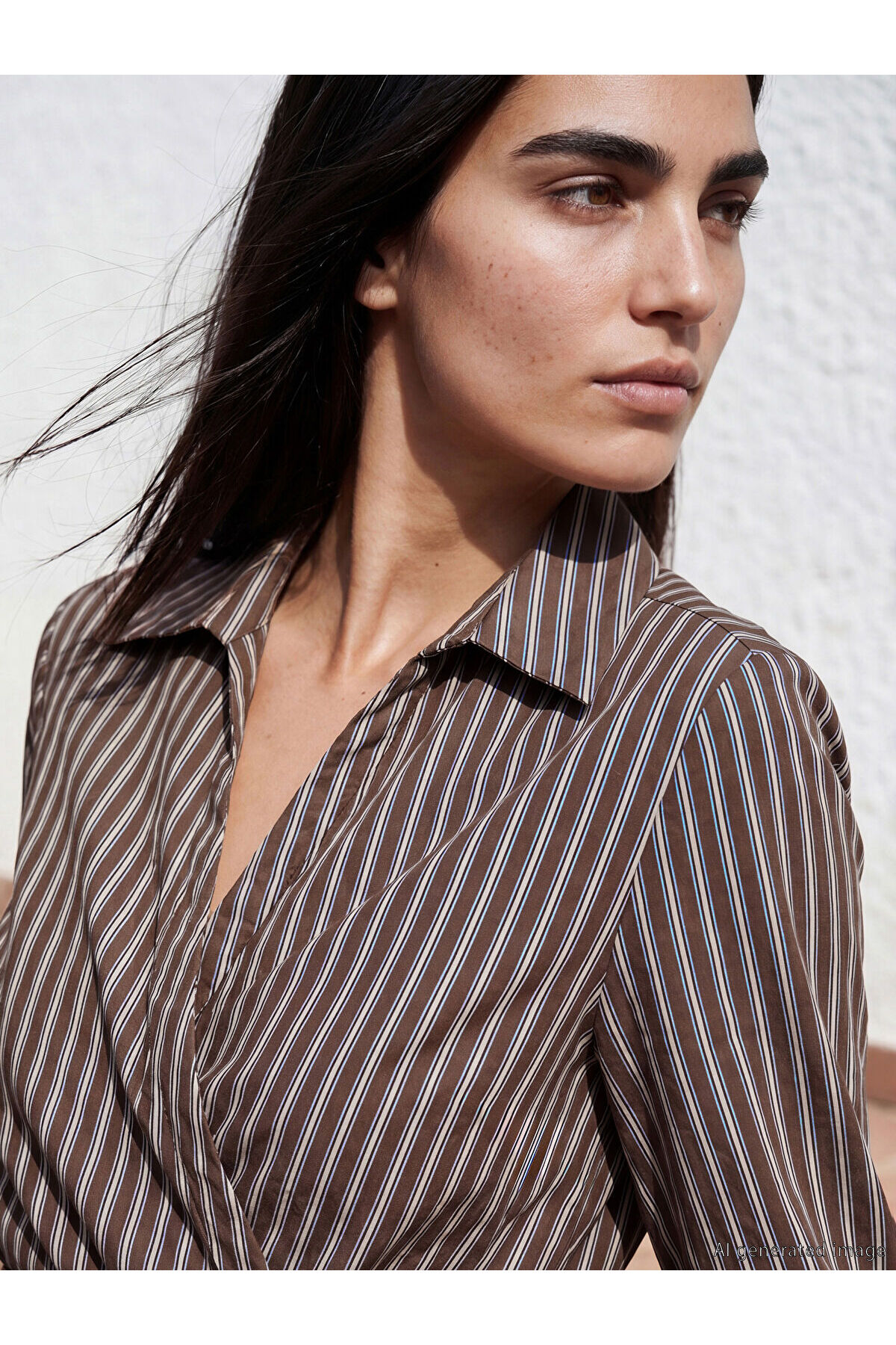 LC Waikiki Brown Shirt Collar Striped Blouse