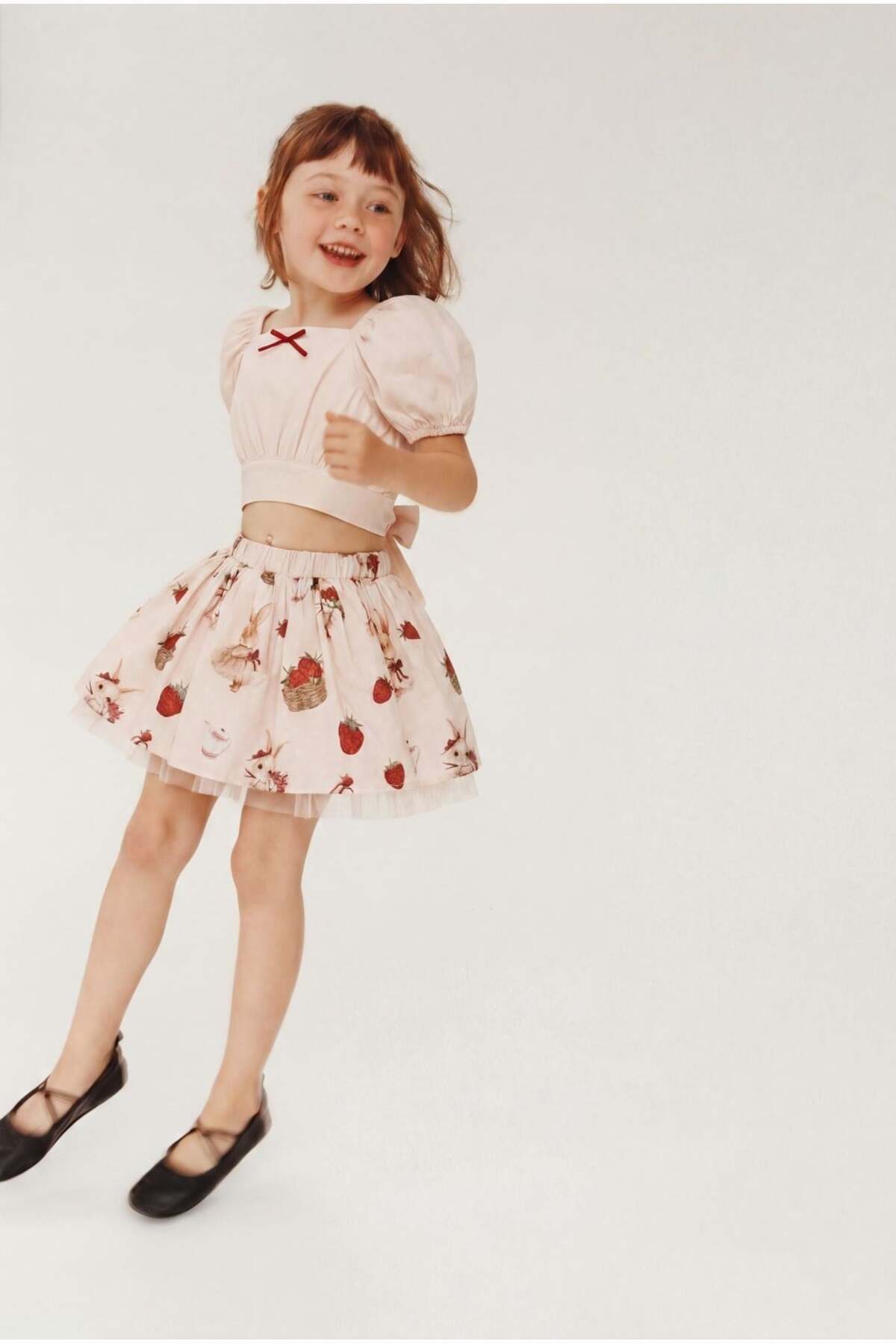 Magu Girl's Cotton Rabbit Strawberry Patterned Blouse Skirt Set