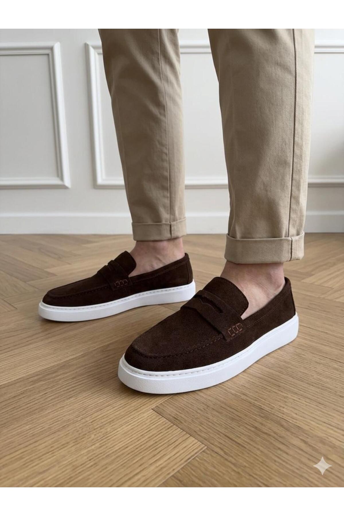 Milano Saphir Loafer Hakiki Süet Deri Kahverengi Dikişli Eva Taban görsel 3