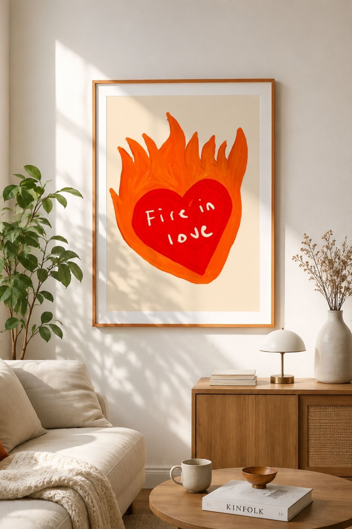 Alevli Kalp Poster Modern Kırmızı Duvar Dekoru Çerçevesiz