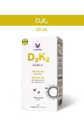 Vitisfera D3K2 Damla - 20 ml - 400 damla - (1000 IU D3 & 20 mcg K2) - %100 Or...