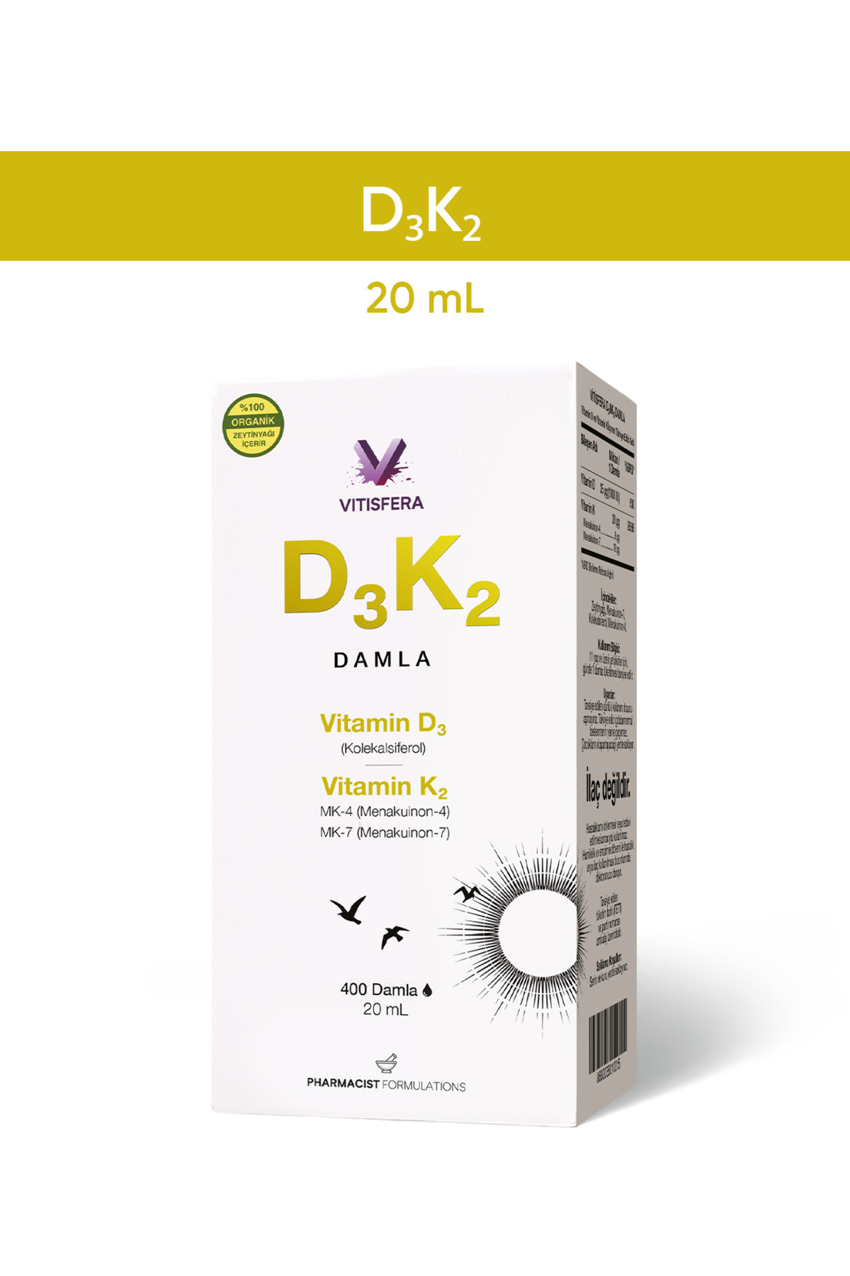 Vitisfera D3K2 Damla - 20 ml - 400 damla - (1000 IU D3 & 20 mcg K2