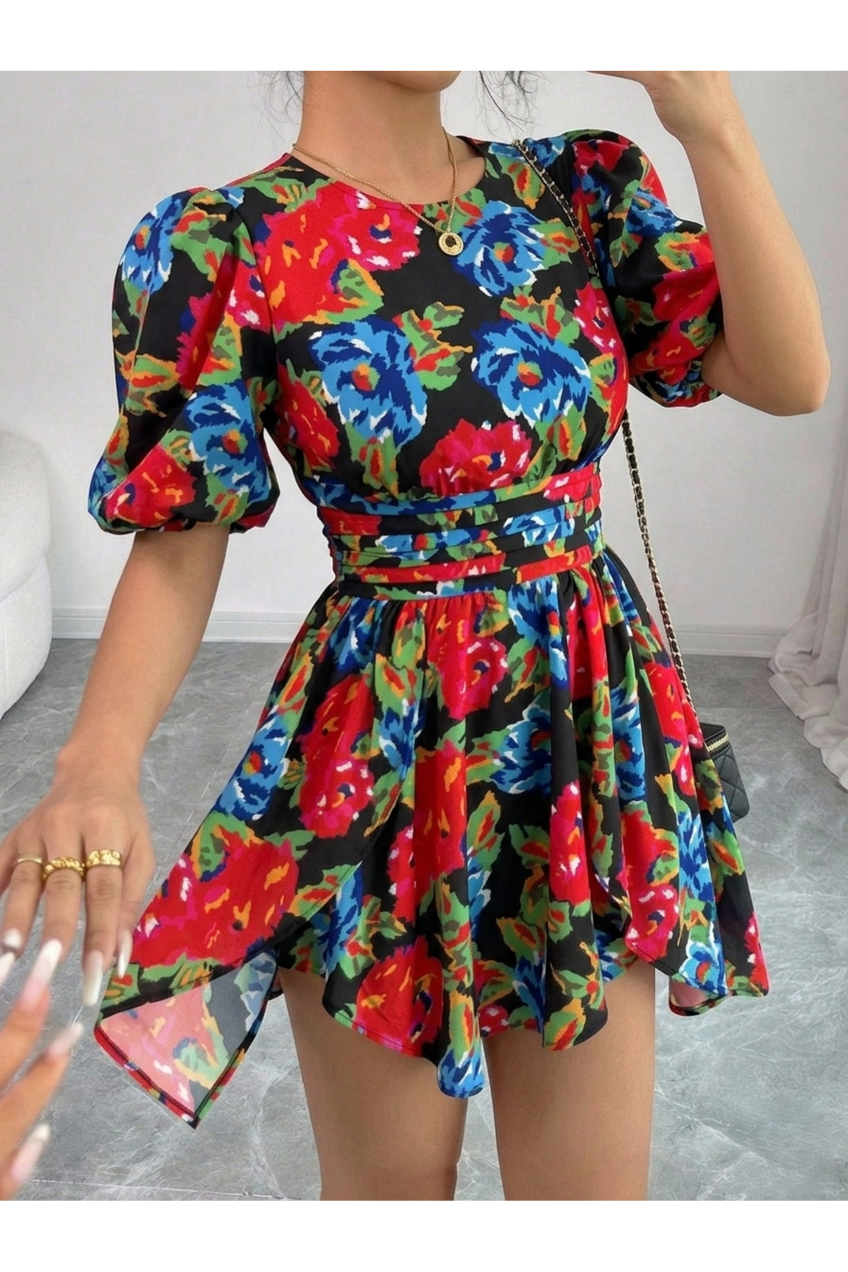 mass fashion Ženska haljina sa krilatim balon rukavima i cvetnim uzorkom