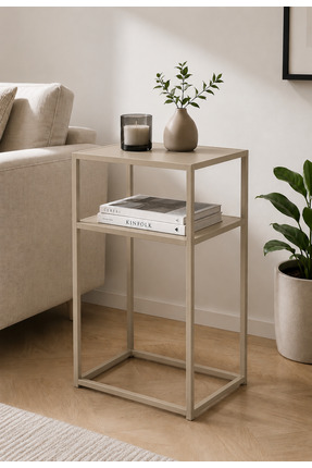 İnoprotech Modern Bej Metal Yan Sehpa 2 Raflı Minimalist Salon ve Yatak Odası...