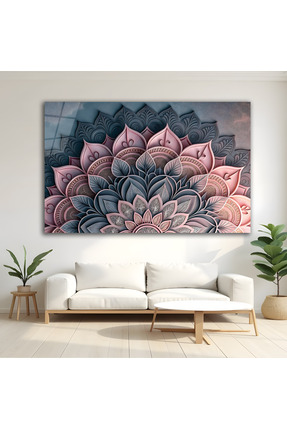 BERSED Lüks Pudra Mavi Mandala Desenli Modern Dekoratif Cam Tablo