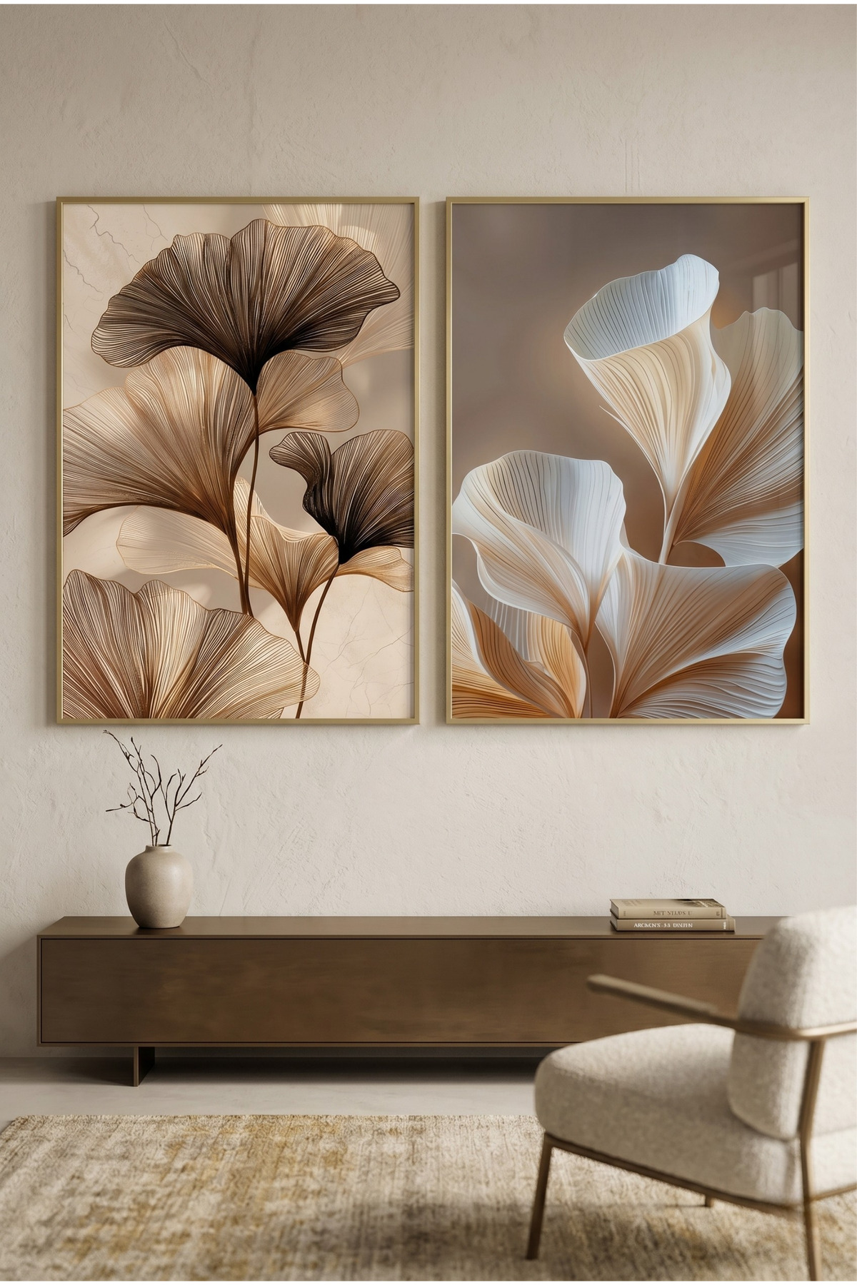 Timeless Ginkgo - Double Modern Glass Painting with Real Glass Printing Gold Aluminum Metal Frame