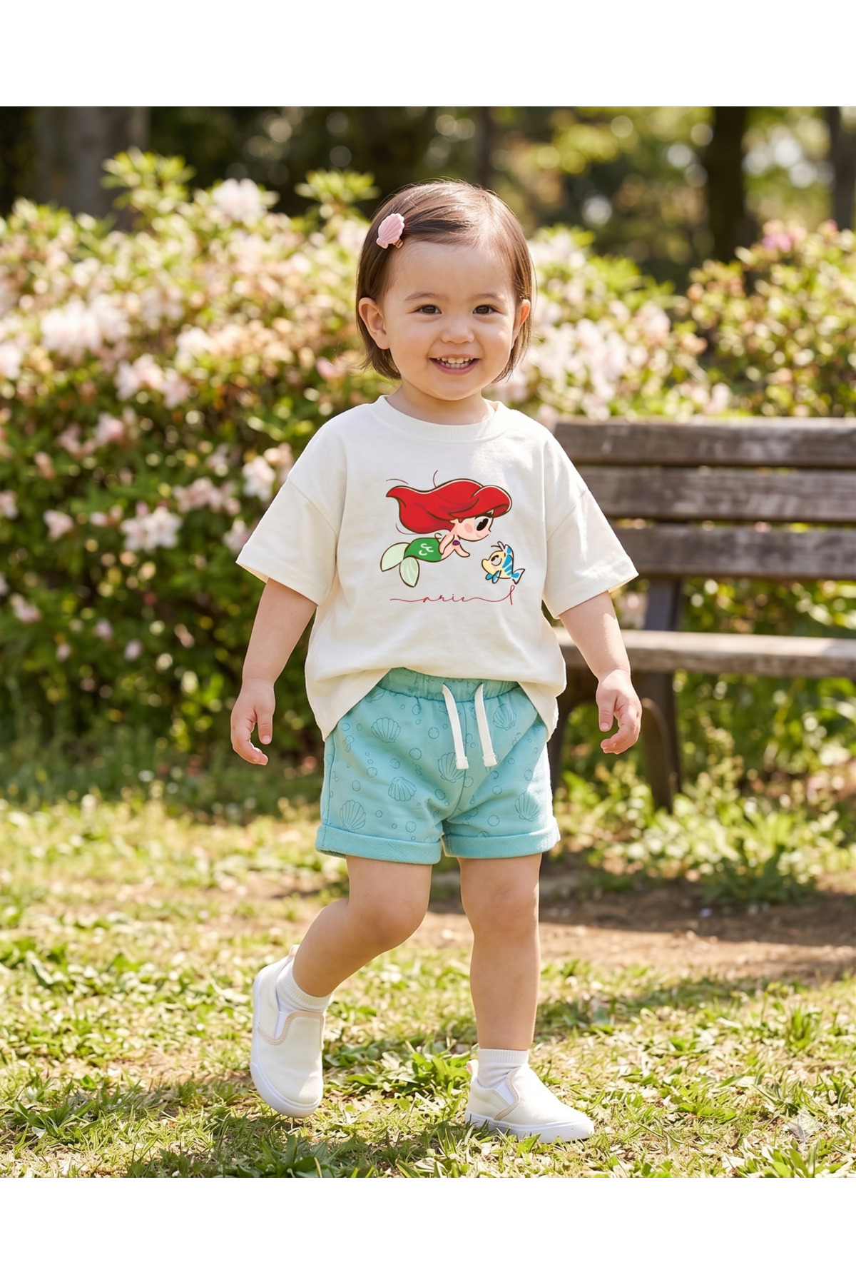 babytex Kız Çocuk Ariel Deniz Kızı Baskılı Oversize Tişört Pamuklu