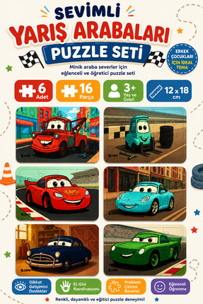 caps 6 Adet Sevimli Yarış Arabaları Puzzle Seti 16 Parça Eğitici Çocuk Yapboz...