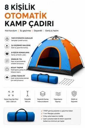 Yenilig 8 Kişilik Tam Otomatik Kamp Çadırı Su Geçirmez Outdoor Kamp Çadırı