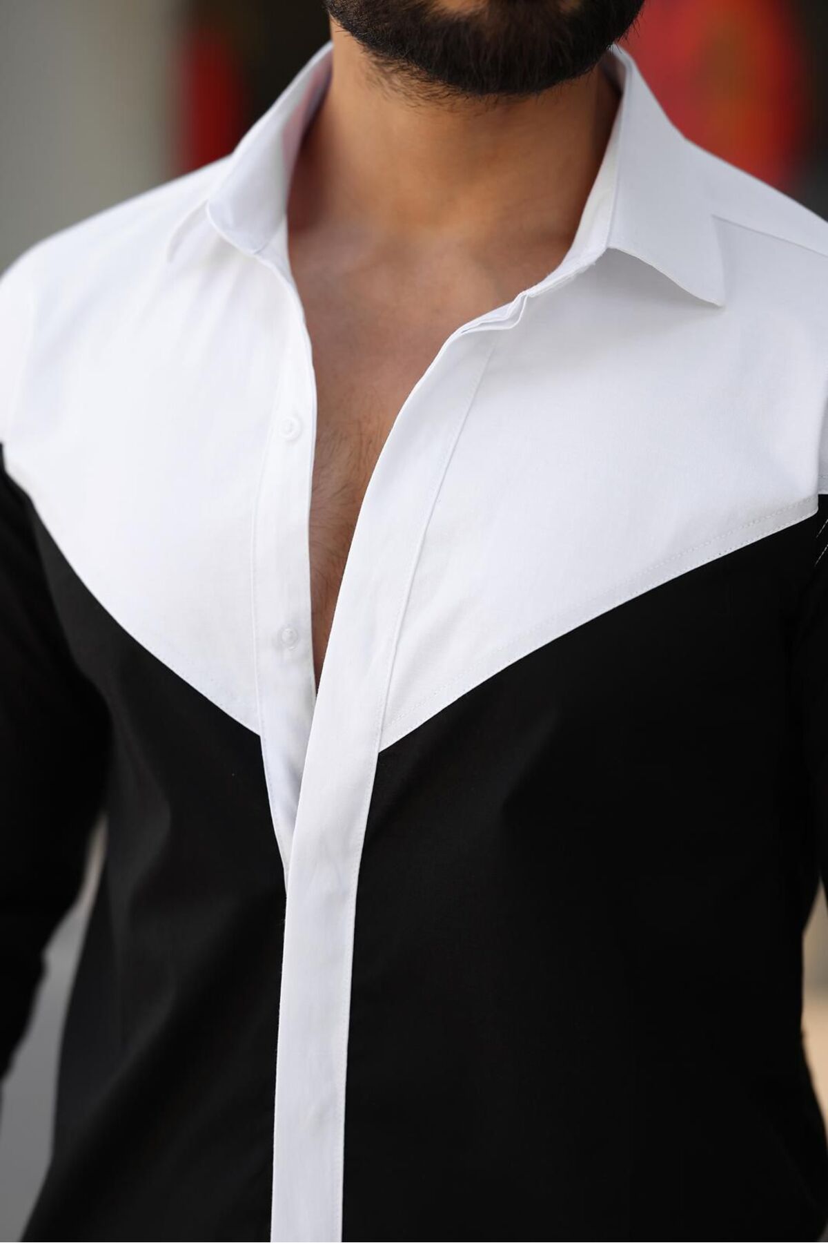 BAYIM Siyah Beyaz V Blok Renk Geçişli Slim Fit Uzun Kollu Likralı Erkek Gömlek görsel 4