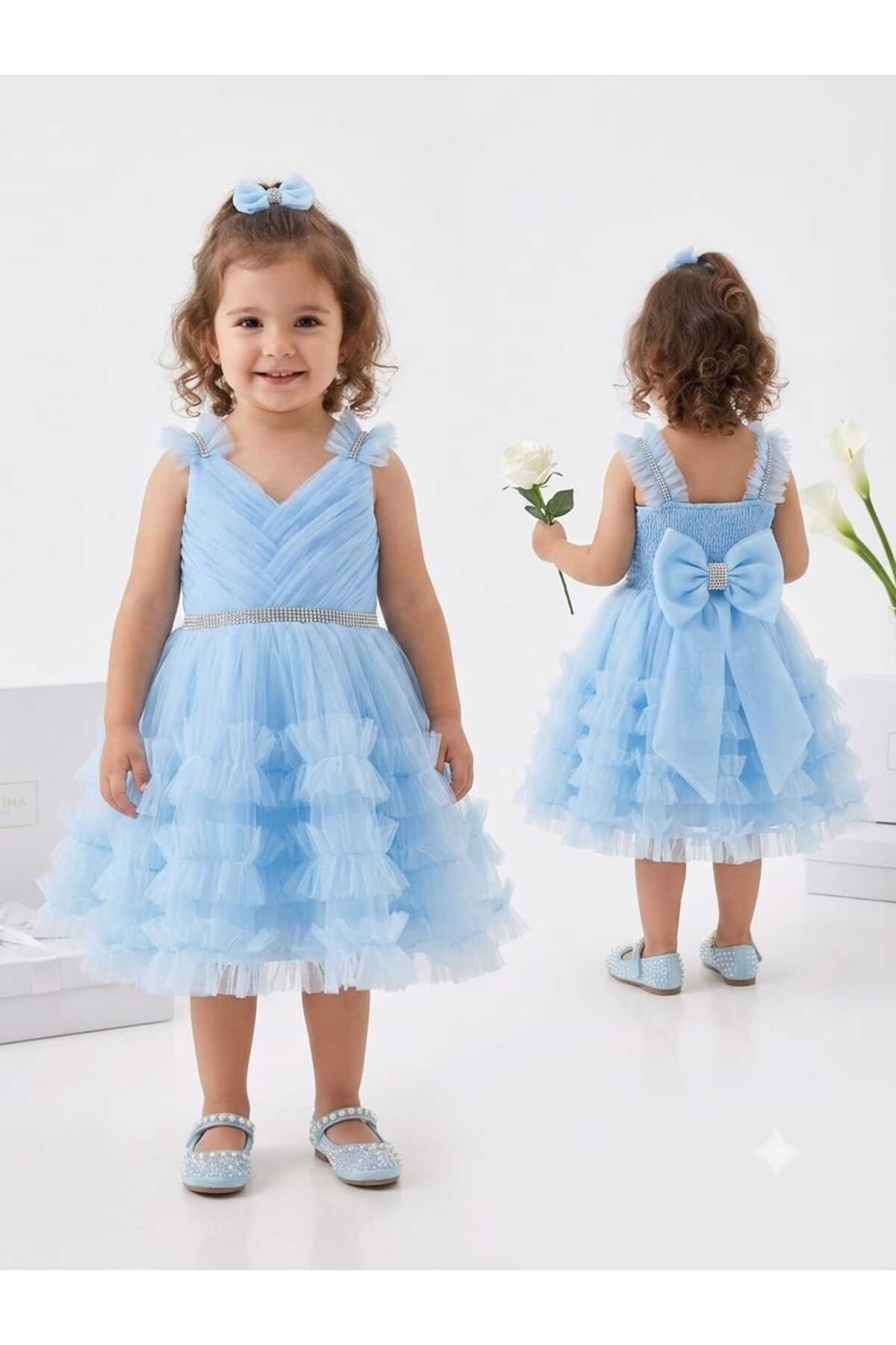 modallita 1-5 Yaş Bebe Mavi Bel İnci Kemerli Midi Boy Arkası Lastikli Tütü Bebe Abiye