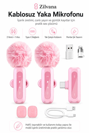 Zilvana Pembe Kablosuz Yaka Mikrofonu 2.4G Type-C / Lightning Uyumlu Gürültü ...
