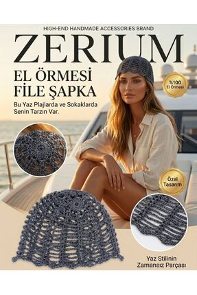 ZERİUM El Yapımı Kadın Örgü Bohem File Yazlık Bere Şapka Simli Gri
