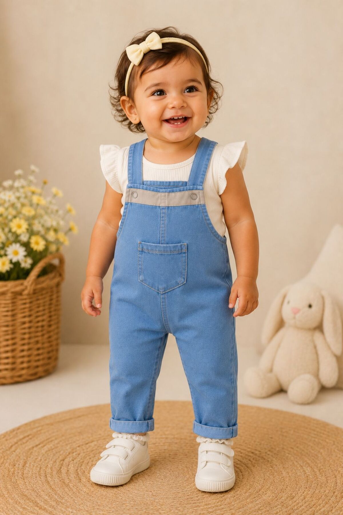 Unisex Bebek Kot Salopet Açık Mavi Cepli Askılı Jean Tulum Günlük Rahat Bebek Salopeti 6-18 Ay