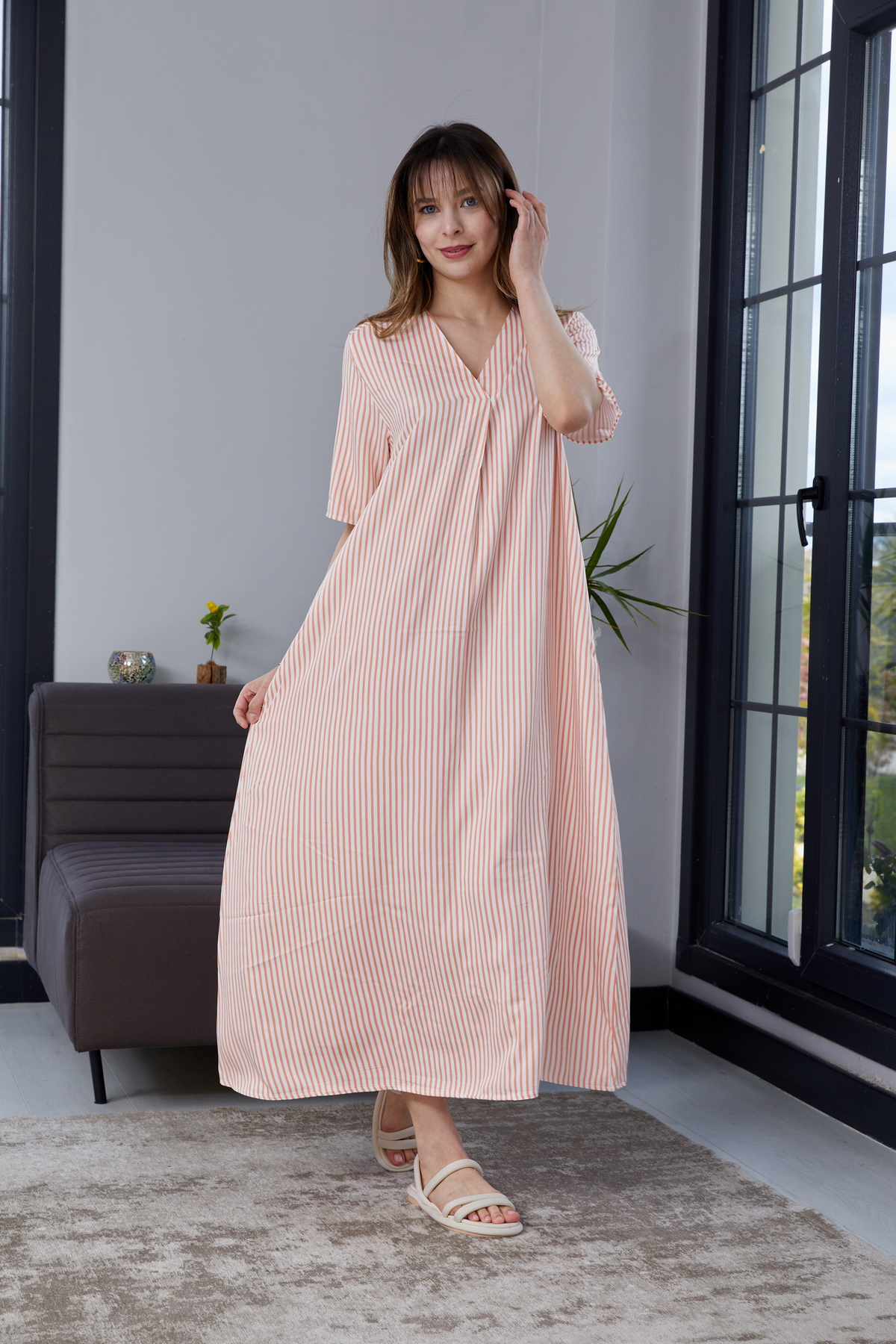 Nuevo Women's Salmon Striped Double-Breasted V-Neck Loose-Fit Long Dress