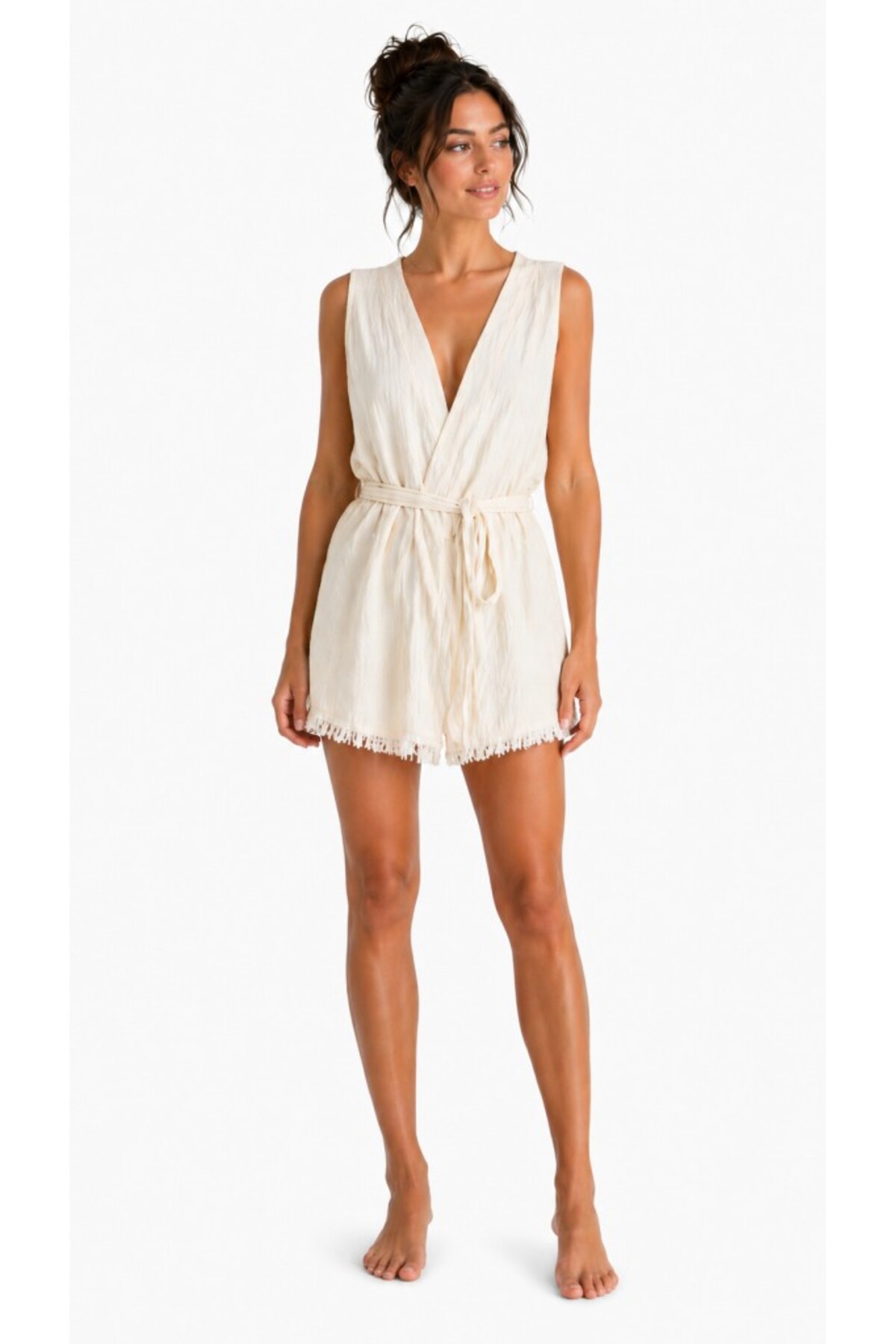 Liora Muslin Sleeveless Kimono Bathrobe Tassel Detailed Oversized Comfortable Cut Beach and Daily Use