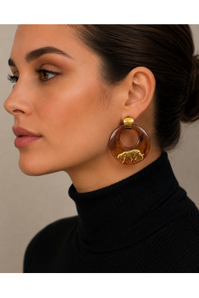 HezaJewelrry Kadın Gold Kaplan Figürlü Kahverengi Kemik Halka Küpe Vintage Le...
