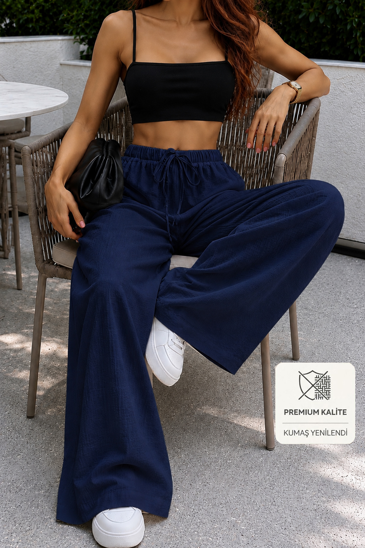 Women's Navy Blue Linen Blend High Waist Wide Leg Palazzo Pants