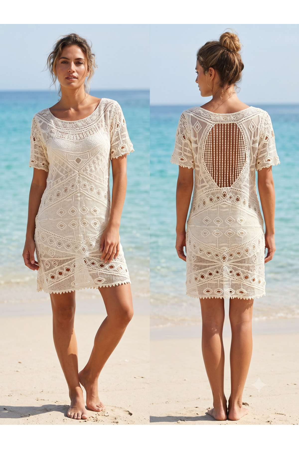 Beige Opaque Crochet Beach Dress Women Transparent Swimwear Mini Beachwear pareo01