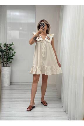 Femaura Elbise - FM501 Model Keten Nakış Detaylı Elbise