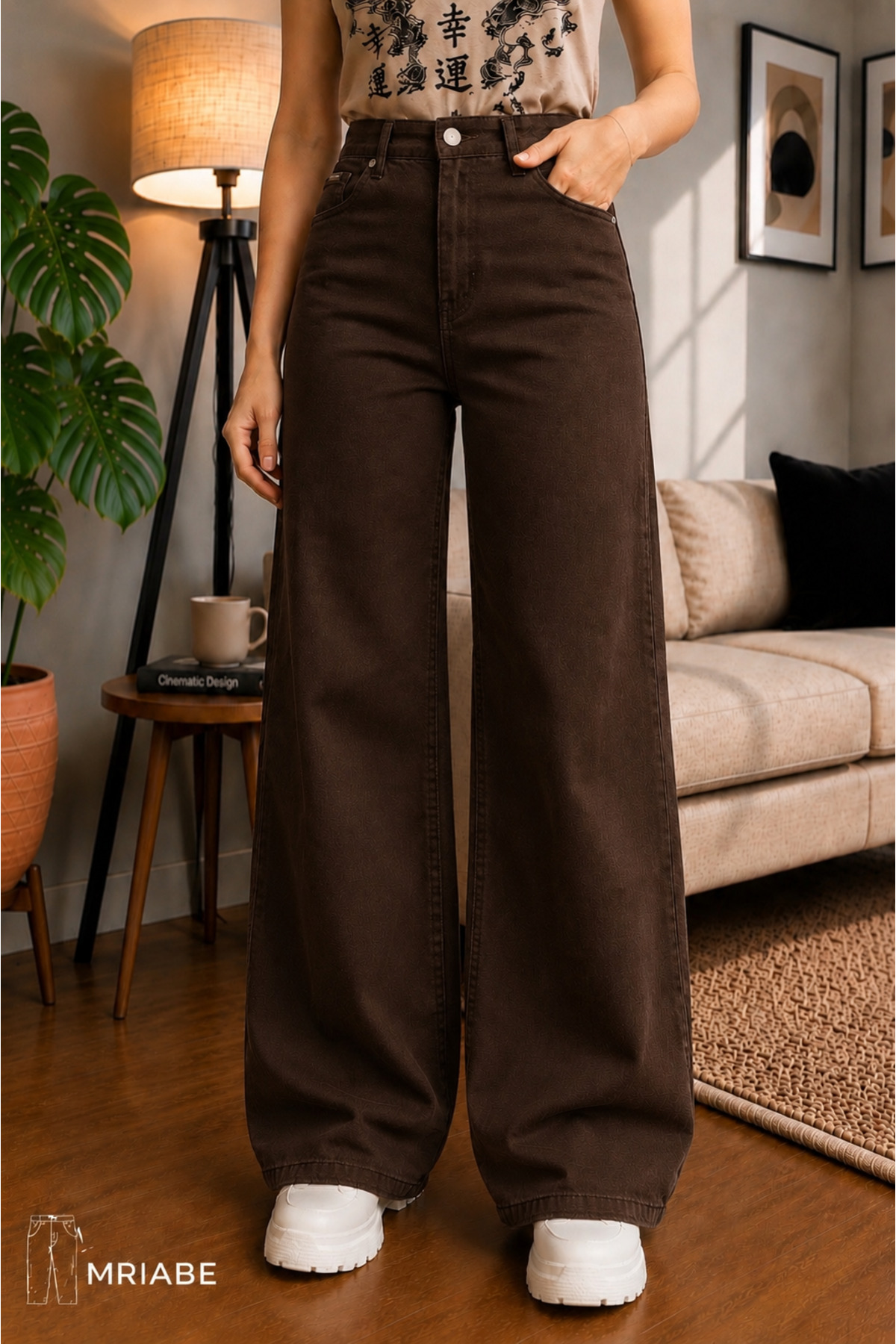 MRİABE Brown Color High Waist Women's Palazzo Denim Pants – Stretch Denim Fabric, Straight Loose Fit, Modern Jean